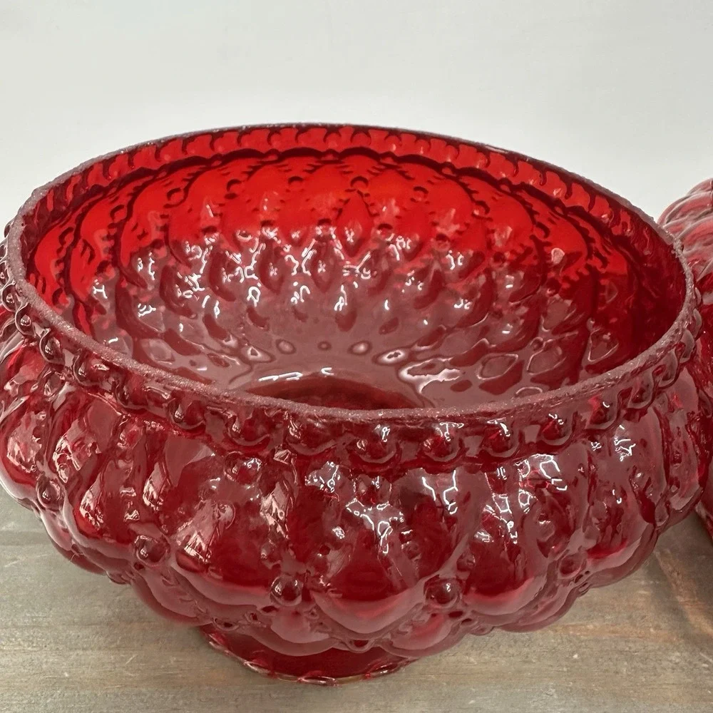 Vtg Fenton Ruby Red Glass Lamp Shade Quilted Beaded Ruffled 4.5